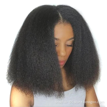 Afro Yaki Straight Fluffy Hair Dark Roots Ombre Black Wigs For African American Women Heat Resistant Synthetic